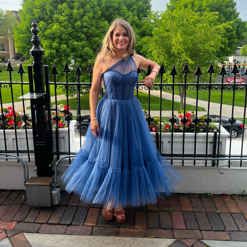 Millau Blue One-Shoulder Cocktail Tulle Dress - Picture 2 of 5